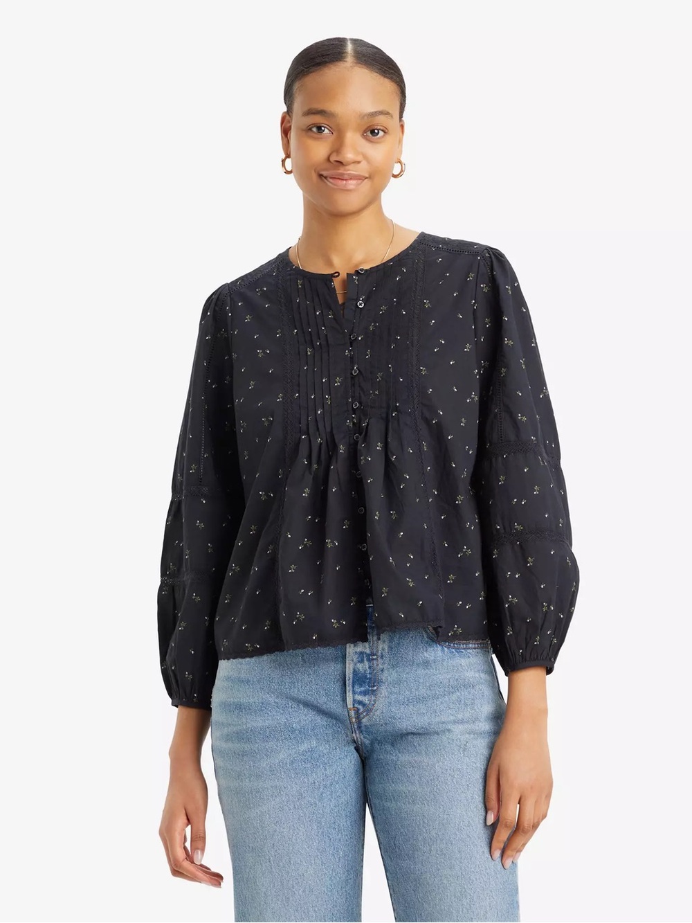 Levi's Black Floral Pintuck Button-Down Blouse - Aliyah Long Sleeve Blouse
